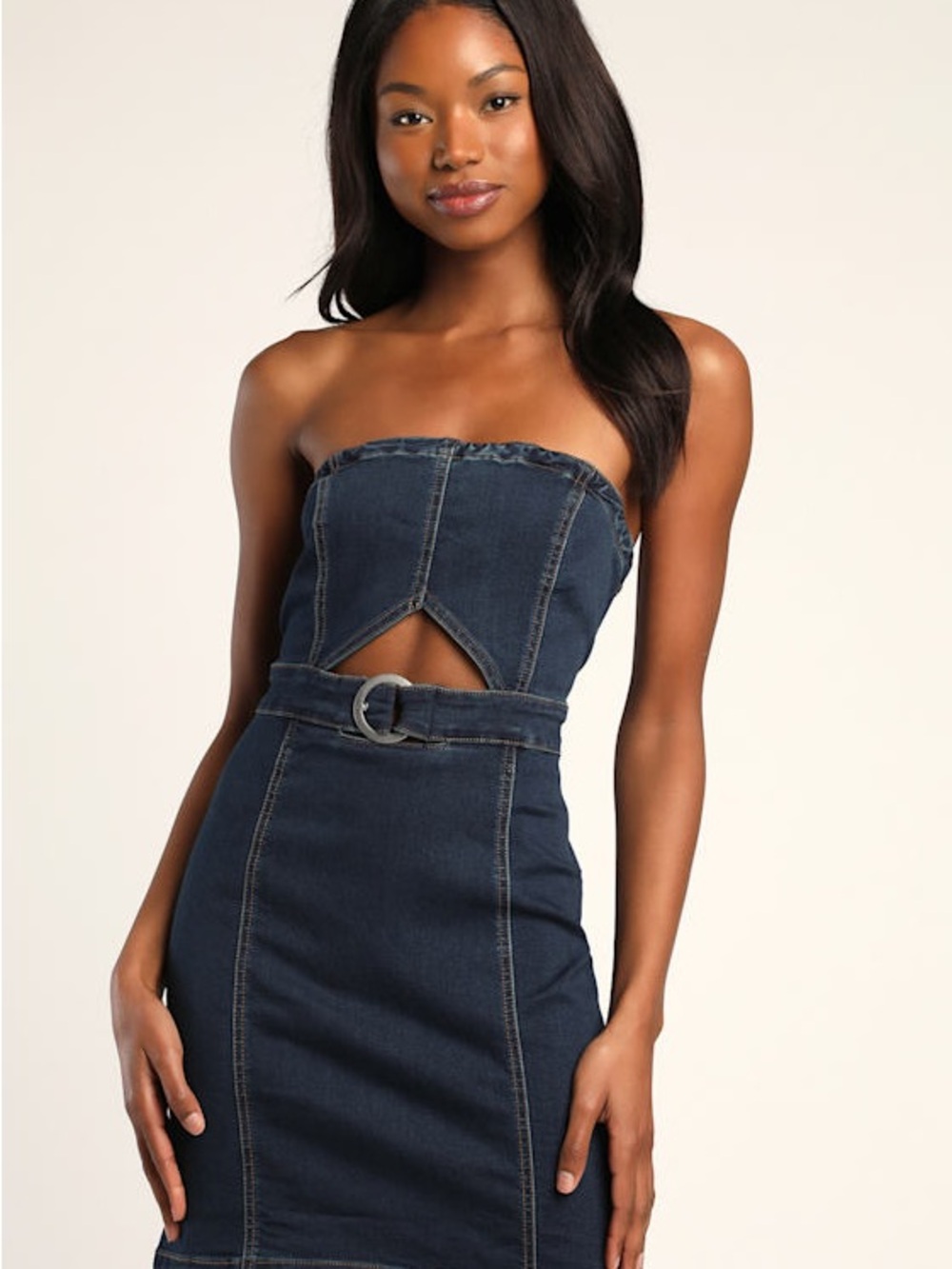 As If Dark Wash Denim Belted Strapless Dress